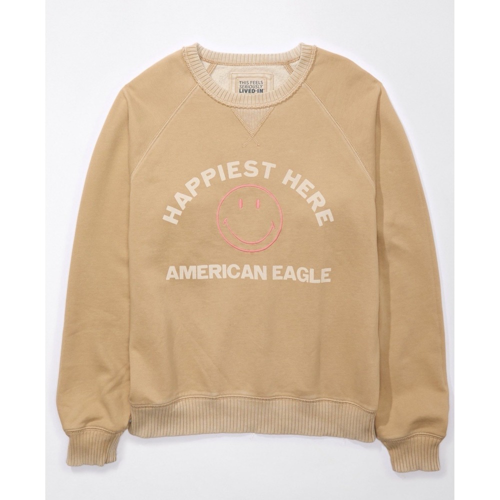 American Eagle Womens Large Tan Sand Funday‎ Raglan Sleeve Sweatshirt Crewneck